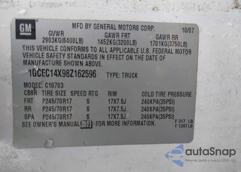 2008 Chevrolet Silverado 1500 Work Truck from USA, damaged, VIN 1GCEC14X98Z162596